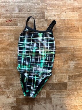 Speedo| Kids Green & Black Plaid One-Piece Swimsuit, size 6/22